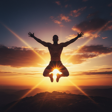 Athlete jumping against a vibrant sunrise, embodying strength and energy.