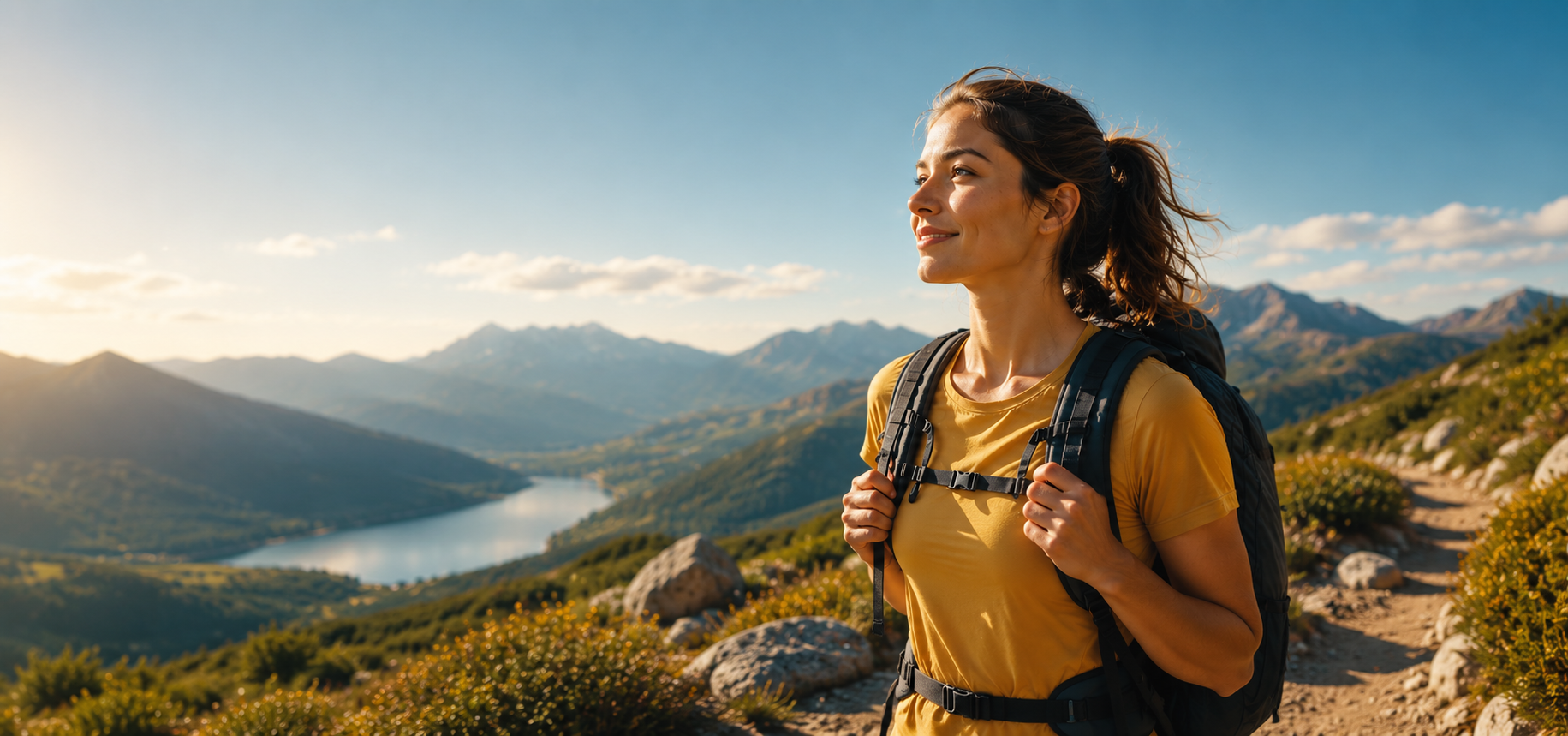 Two hikers with backpacks walking on a trail with a scenic view of mountains and ocean1621243260e1af0c20-1